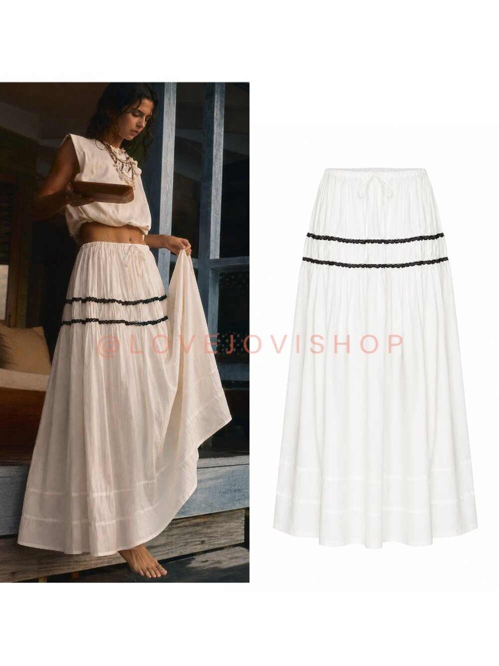 Skirt | We Wore What Tiered Maxi Skirt NWT | White w Black Lace Seams | Coastal